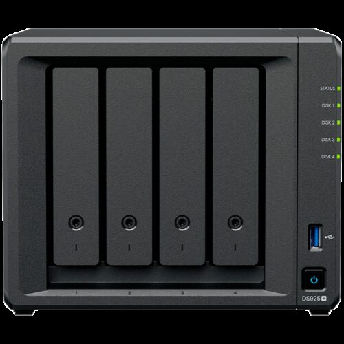 Synology DiskStation DS925+ Tower, 4-Bays 3.5'' SATA HDD/SSD, 2 x M.2 2280 NVMe SSD slot, CPU AMD Ryzen V1500B 4-core 2.2 GHz, 4 GB DDR4 ECC SODIMM, 2x RJ-45 2.5 GbE LAN Port; 2x USB 3.2; 1 xUSB Type-C expansion port; 2.26 kg; 3yr warranty