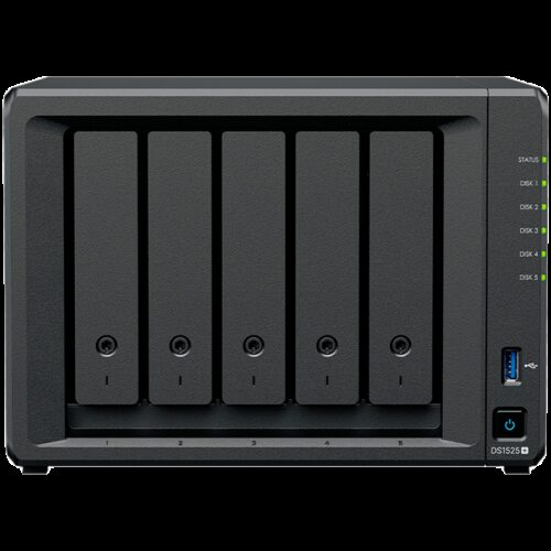 Synology DiskStation DS1525+ Tower, 5-Bays 3.5'' SATA HDD/SSD, 2 x M.2 2280 NVMe SSD slot, CPU AMD Ryzen V1500B 4-core 2.2 GHz, 8 GB DDR4 ECC SODIMM, 2x RJ-45 2.5 GbE LAN Port; 2x USB 3.2; 1 xUSB Type-C expansion port; 2.67 kg; 3yr warranty