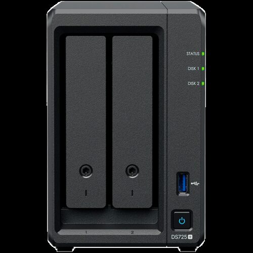 Synology DS725+, Tower, 2-Bays 3.5'' SATA HDD/SSD, 2 x M.2 2280 NVMe SSD, CPU AMD Ryzen R1600 dual-core (4-thread), max. boost up to 3.1 GHz, 4 GB DDR4 ECC SODIMM, 1 x 2.5 GbE, 1 x 1GbE, 1 x USB 3.2, 1 x eSATA USB-C, 1.51 kg, 3y