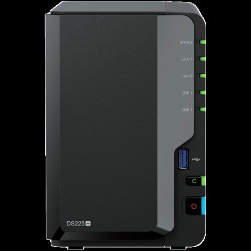 Synology DS225+, Tower, 2-bays 3.5'' SATA HDD/SSD, CPU Inte Celeron J4125 4-core (4-thread) 2.0 GHz, burst up to 2.7 GHz, 2 GB DDR4 non-ECC (expandable up to 6 GB), 1xRJ-45 1GbE LAN, 1xRJ-45 2.5 GbE LAN, 2xUSB 3.2 Gen 1, 1.3 kg, 3yr warranty