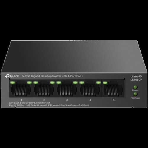 TP-Link LS105GP 5-Port Gigabit Desktop Switch with  4-Port PoE+, 4x Gigabit PoE+ Ports, 1x Gigabit Non-PoE Port, 802.3af/at, 65 W PoE Power, Desktop Steel Case, Extend Mode for 250m PoE Transmitting, PoE Auto Recovery, Plug and Play